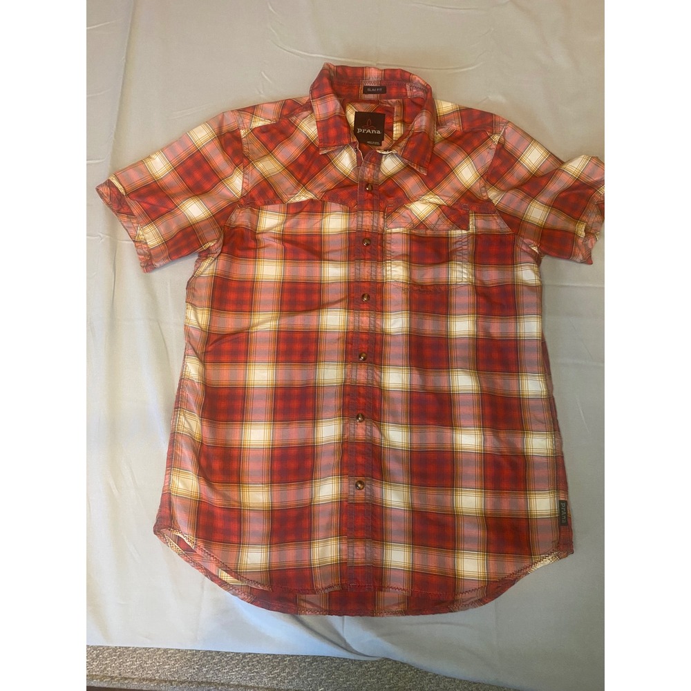 Prana Plaid Button Down Shirt Women Small Red Orange Slim Fit Western Outdoor